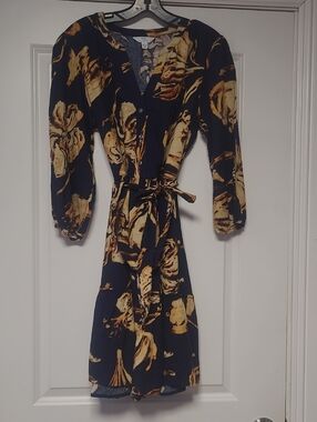 Time and Tru Navy Blue and Yellow Floral Tie-Waist Long Sleeve Dress